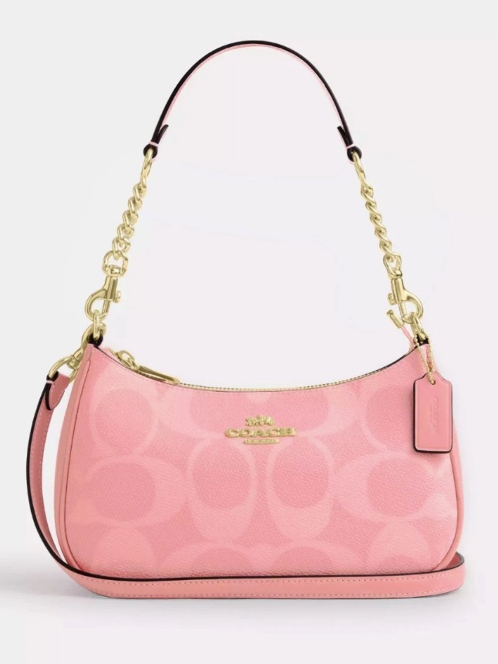 Coach Teri Pink Signature Canvas Shoulder Bag with Gold Chain Accent
